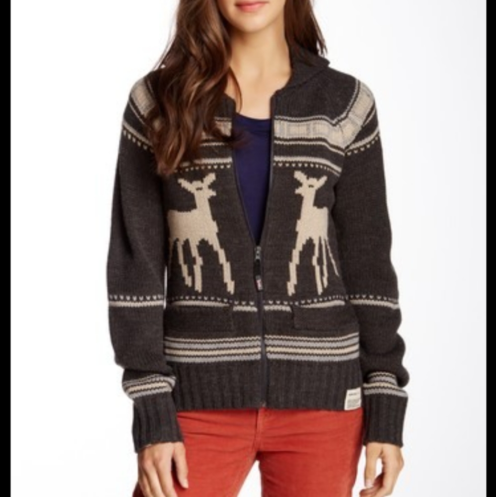 TripleFiveSoul Jacquard Knit Deer Zip-Up Sweater